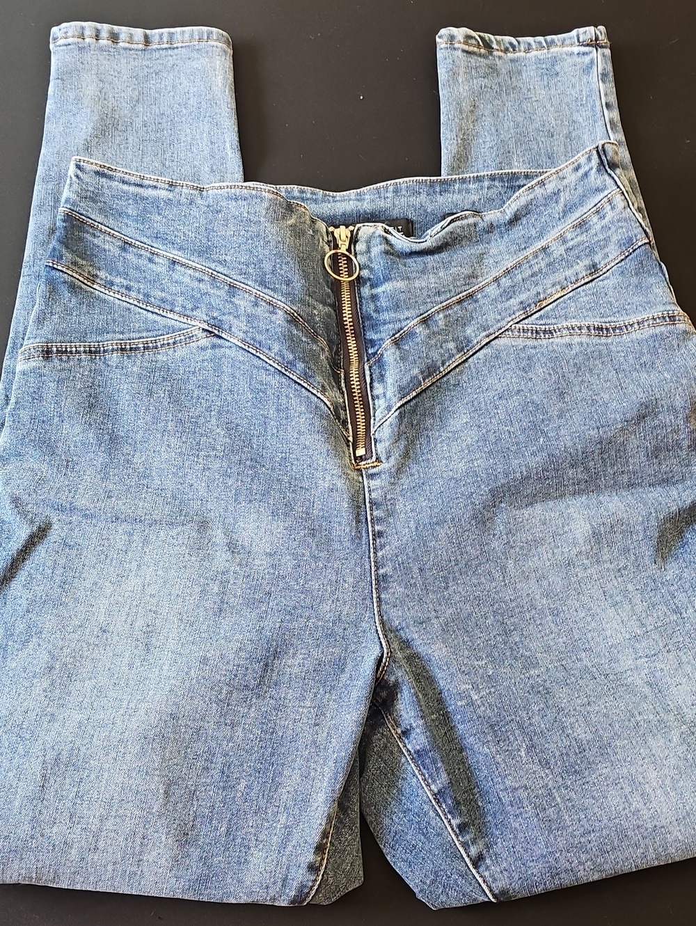 High-Rise Blue Denim Women's skinny Jeans with Front Zip